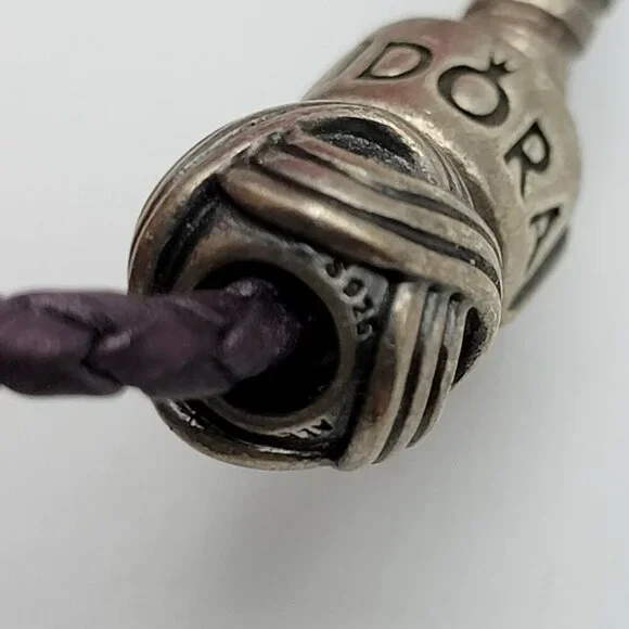 Pandora Brown Woven Leather Bracelet 6" With 3 Sterling Silver Charms All Marked - Picture 7 of 9